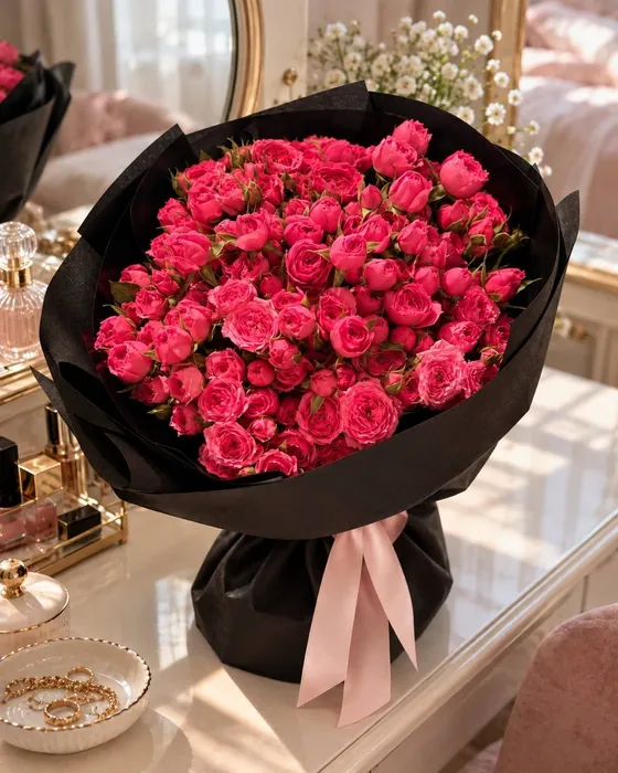 A dense bouquet of pink spray roses in black wrapping paper with a blush satin ribbon