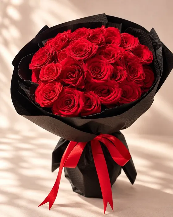 Classic red roses in black paper with a red satin bow