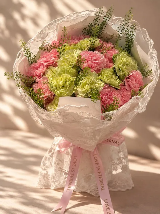 Pink and pale green carnations with sprigs of greenery, wrapped in white lace with a pink ribbon