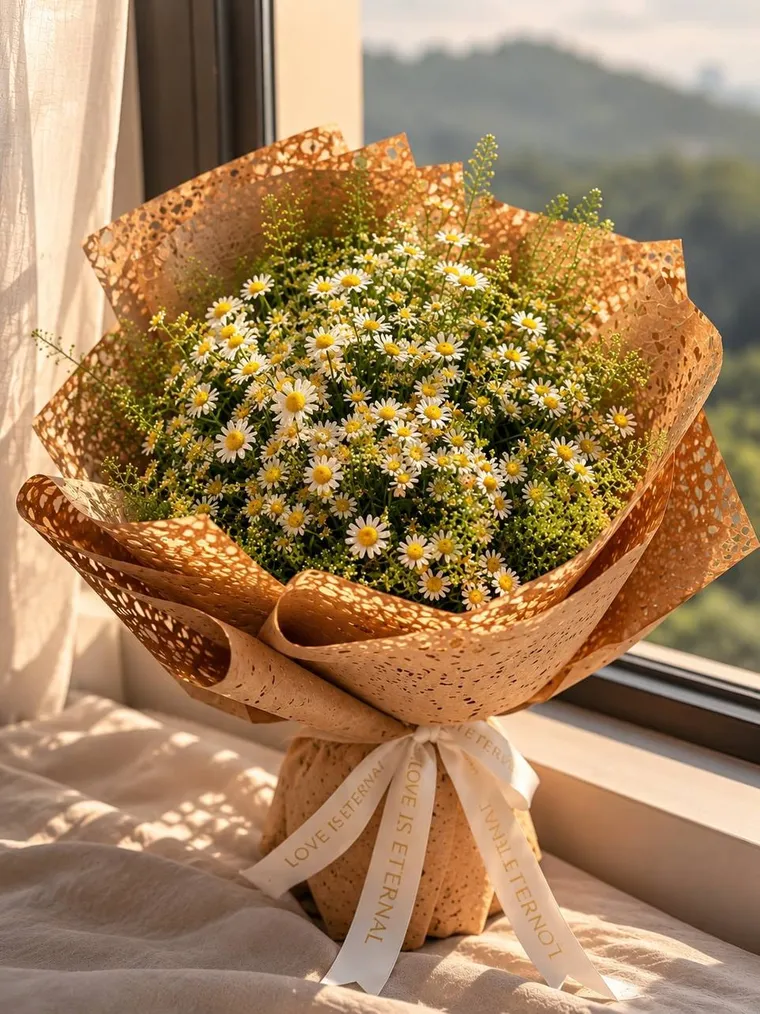 A large bouquet of chamomile in lace-cut kraft paper with a cream ribbon, on a sunny windowsill